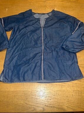 August Silk Denim Peasant Blouse Aztec Detail‎ Bubble Sleeve - Sz M